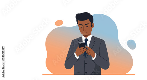 a man in a suit looking at his smartphone, with a gradient background that transitions from orange to blue. Suitable for landing page, banner, marketing, web design, presentation, infographic, etc.