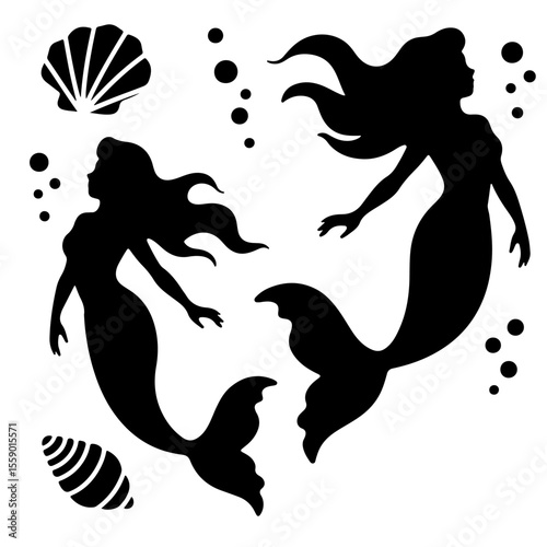 Two Silhouettes of Mermaids, Sea Shells, Bubbles, Black Vector Illustration
