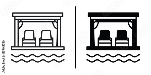Serene Riverside Retreat: Tranquil illustration of a shaded riverside pavilion with two comfortable chairs, overlooking gentle waves of water, ideal for relaxation.