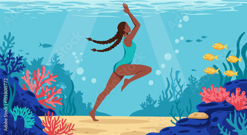A serene woman with braided hair gracefully performs a meditative yoga pose deep underwater amidst vibrant coral reefs and swimming fish.