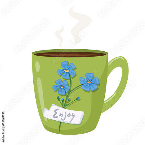 Green cup with tea, coffee. Cup with a flower on it. Vector isolated illustration on a white background.