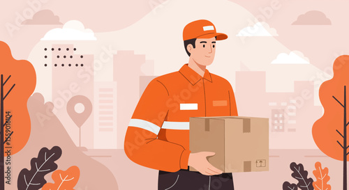 a delivery person in an orange uniform carrying a cardboard box. Suitable for landing page, banner, marketing, web design, presentation, infographic, etc.