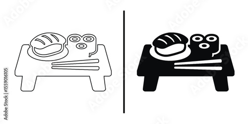 Sushi Set Illustration: An artistic depiction of sushi rolls and nigiri arranged on a wooden board, inviting contemplation of the elegance of Japanese cuisine.