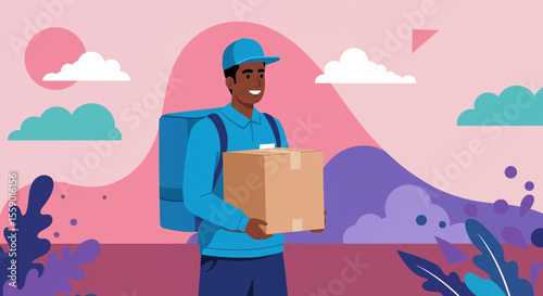 a delivery person in a blue uniform carrying a brown box. Suitable for landing page, banner, marketing, web design, presentation, infographic, etc.