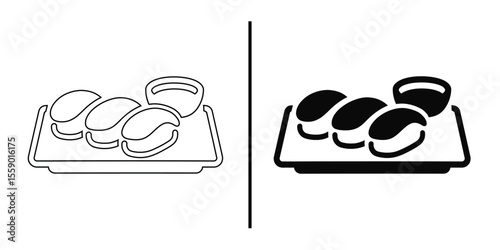 Sushi art: Minimalist black and white art of sushi pieces arranged on a platter, accompanied by dipping sauce. A clean and modern representation of a classic dish.