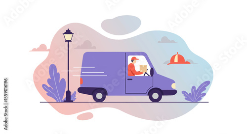 A vector illustration shows a delivery van with a driver, a package, and a street lamp, set against an abstract, colorful background.