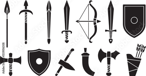 Black and White Medieval Weaponry Icons Set Spear Longbow Crossbow Sword Dagger Shield Axe vector