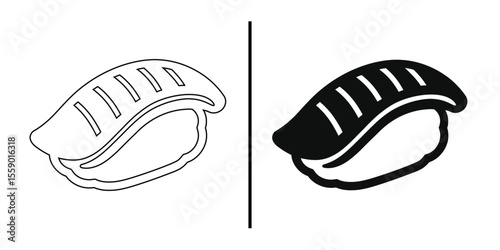 Sushi Illustration: A side-by-side presentation showcases a classic sushi nigiri, artfully illustrated in both outlined and filled-in styles, perfect for any food-related concept.