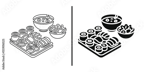 Japanese Food Set: A meticulous line art showcases an array of traditional Japanese culinary delights, including sushi rolls, miso soup, and savory side dishes.