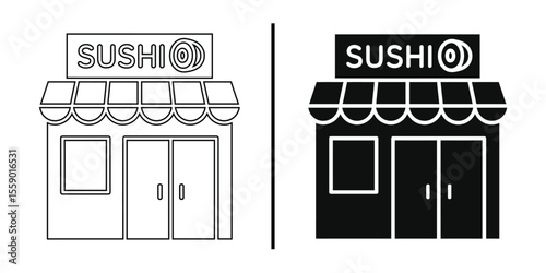 Sushi Restaurant Sign: A minimalist, line art illustration captures the essence of a sushi restaurant, showcasing the establishment's signage with an inviting design, ideal for culinary, restaurant.