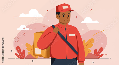 A cheerful delivery person wearing a red uniform and cap, carries a yellow bag, walking in a light-colored environment with abstract elements, ready to deliver packages.