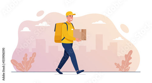A smiling delivery person in a yellow cap and uniform walks with a package, carrying a large backpack in a stylized urban setting.