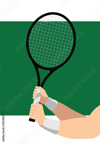 flat tennis player hands with racket on court, minimalist tennis racket grip illustration green court