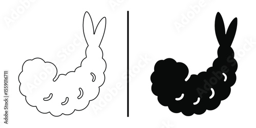 Tempura shrimp illustration: A clean, artistic illustration of two tempura shrimp, rendered in both outline and solid form, separated by a vertical line.
