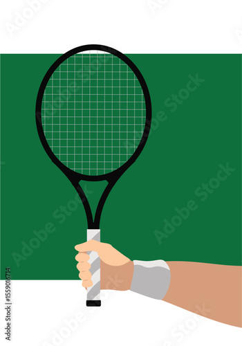 tennis racket grip hand vector on green background, wimbledon tennis hand and racket on green court