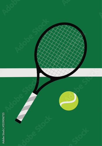 tennis racket and ball on green court vector, wimbledon tennis racket ball court vector icon