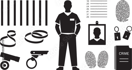 Black Silhouette Criminal Justice Elements Prison Bars Fingerprint Mugshot Security Camera vector
