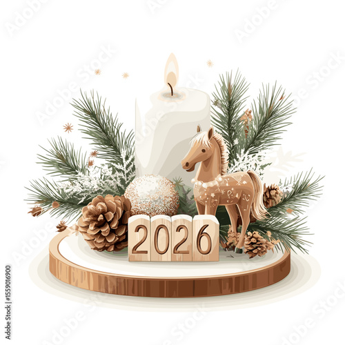 Christmas candle with horse figure and 2026 decor on tray