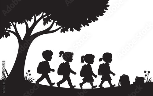 Black Silhouette Four Children Walking Backpacks Tree School Kids white