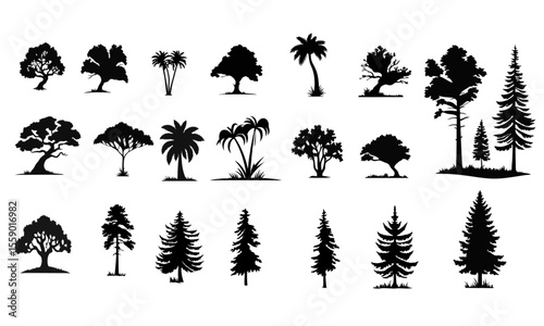 Diverse Tree Silhouette Vector Set –  Botanical Black Icons for Nature & Design Projects