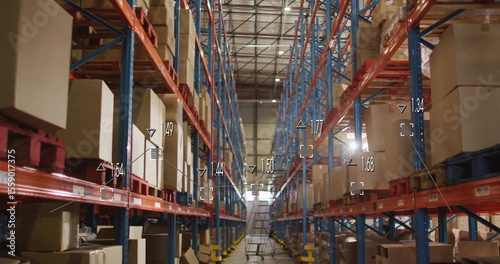 Showing warehouse aisle featuring shelving racks, boxes and ladder, projecting height measurements