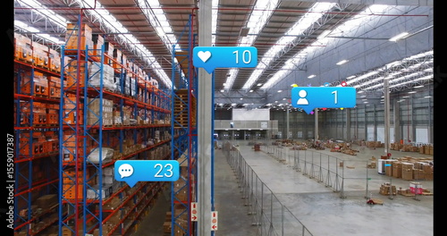 Showing racks holding cardboard boxes, crates and pallets in depot, with social icons, copy space