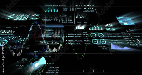 Displaying UI panels in digital space, with line, candlestick and gauge charts and numeric readouts