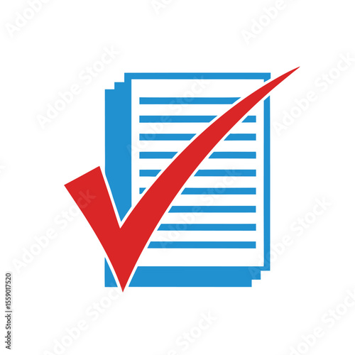 Red check mark on blue document pages tick