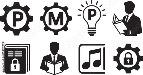 Black Silhouettes Intellectual Property Law Copyright Music Gear Book Patent Man vector