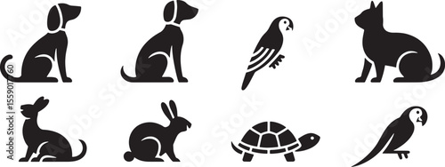 Eight Black Domestic Pet Icons Sitting Dog Cat Parrot Rabbit Turtle Silhouettes Simple Graphic Design