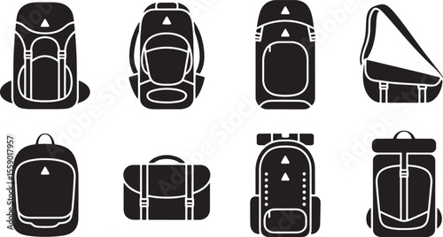 Eight Black Silhouette Adventure Backpacks Bags Set Travel Hiking Equipment Icons vector