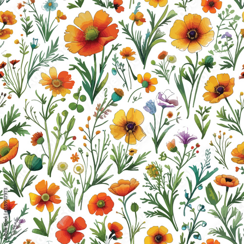 Watercolor floral seamless pattern featuring assorted wildflowers on a clean white background..