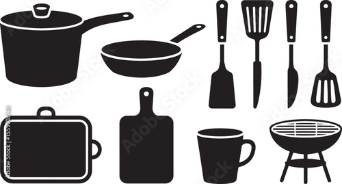 Eight Black Silhouettes Kitchen Cooking Utensils Grill Mug Pot Pan Spatula Knife Cutting Board vector