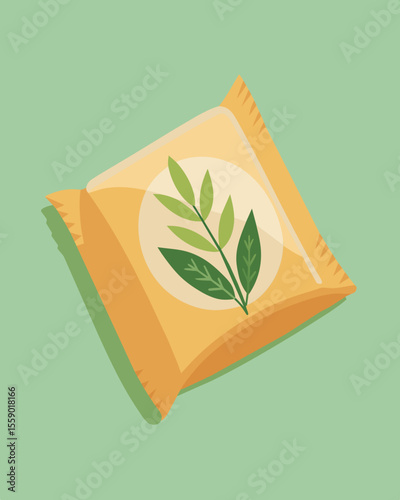 A compostable wrapper made from corn starch encasing a bar of natural soap and adorned with a handstamped design.. Vector illustration