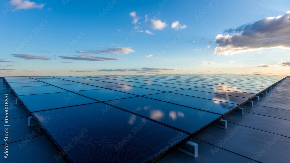 Obraz premium An expansive solar panel array reflects the sky and clouds at sunset, highlighting renewable energy in a clean, modern setting.