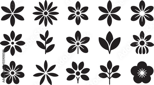 Sixteen Black Floral Icons Botanical Silhouette Set Simple Flower Plant Designs vector