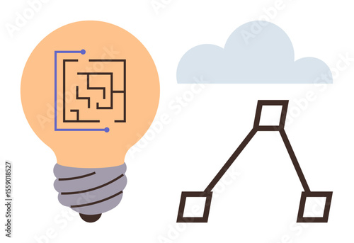 Light bulb with a circuit pattern, cloud, and flowchart symbolize technological innovation, cloud computing, and process optimization. Ideal for tech, innovation, computing, brainstorming analytics