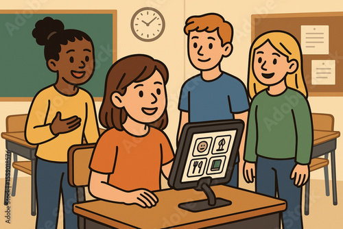  Teenage Girl Using Speech-Generating Device Talking with Classmates Classroom Inclusive Vector Illustration
