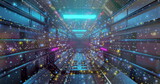 Glowing metal corridor reflecting neon lights on floor in spaceship tunnel with floating particles