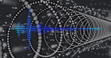 Showing tunnel of light gray spheres receding in 3D space, with blue-cyan audio waveform, data bits