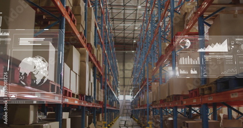 Digital data analytics overlay showing graphs and global connections in warehouse