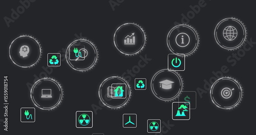 Displaying sustainable technology icons floating on dark digital screen, with globe recycling plug