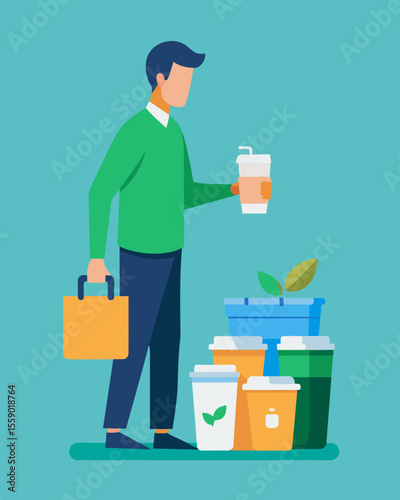 A man makes a conscious effort to purchase products in bulk and bring his own reusable containers to the store ting down on singleuse packaging waste.. Vector illustration