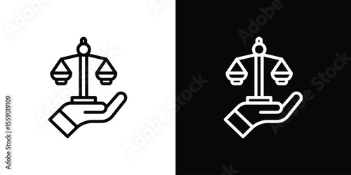 Justice scales in Hand icon in thin stroke and flat style.