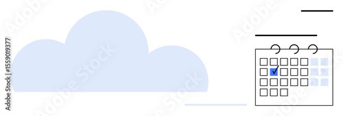 Blue cloud shape beside a calendar marked with a check, representing digital synchronization and organization. Ideal for cloud storage, time management, scheduling, productivity, data integration