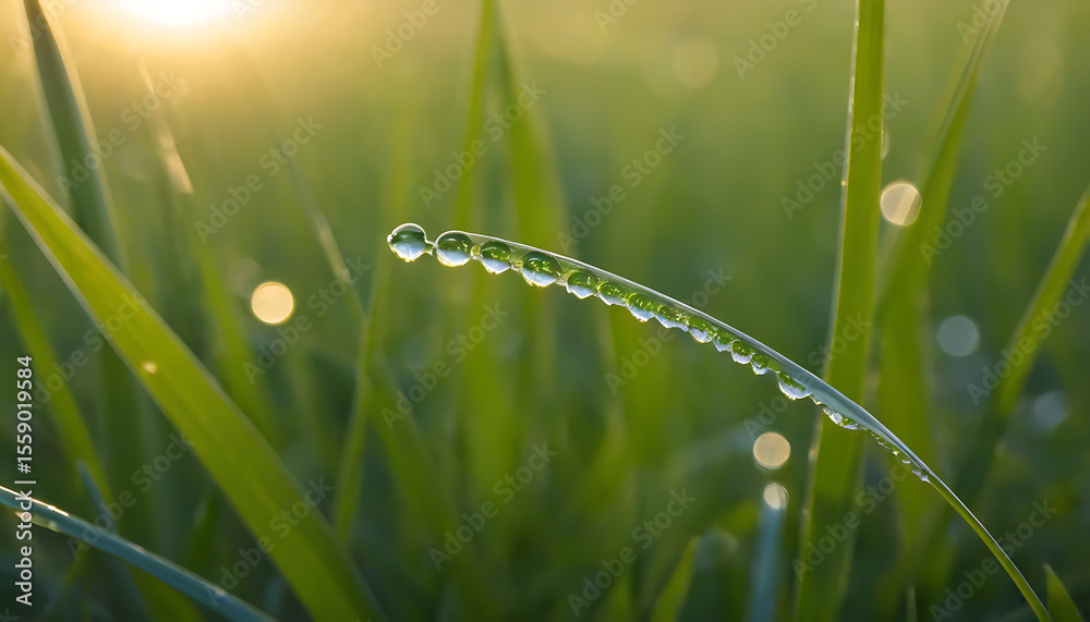 Fototapeta premium Dew-Kissed Grass Blades at Sunrise
