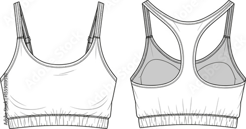 Modern Sports Bra Design Sketches: Front and Back Views, Fitness Apparel ConceptModern Sports Bra Design Sketches: Front and Back Views, Fitness Apparel Concept