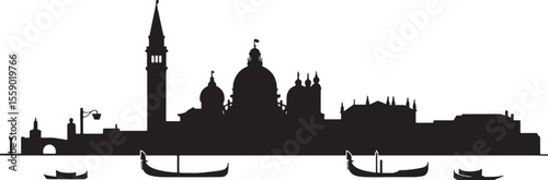 Venice Inspired Black Silhouette Skyline Cityscape Gondolas Italian Architecture Waterfront vector