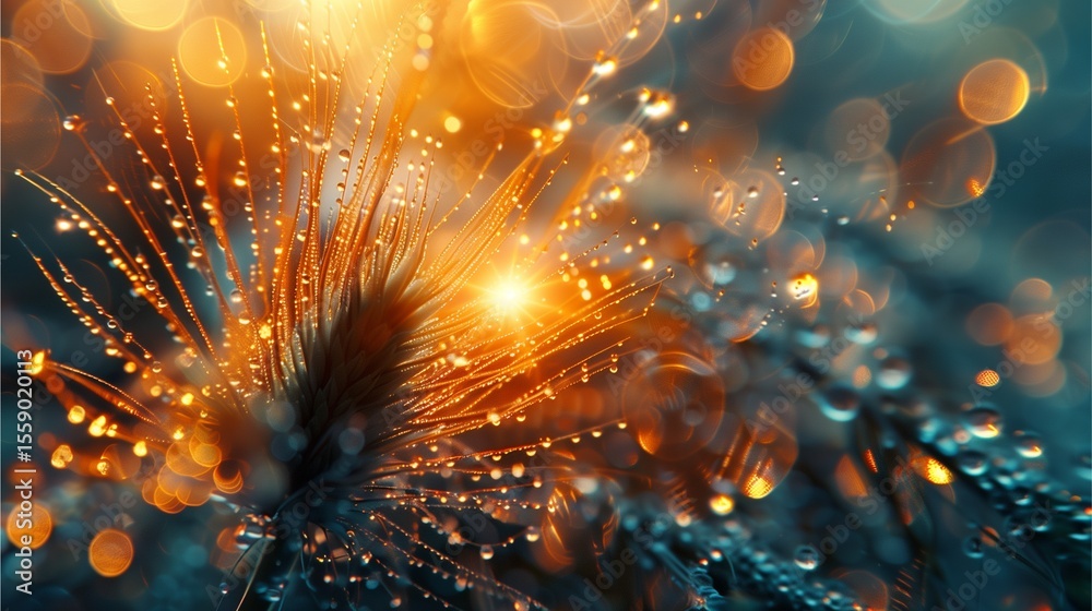 Fototapeta premium Close-up shot of a dandelion seed head with water droplets glistening in the sunlight, creating a dreamy, ethereal effect. Captures the beauty of nature at its finest.