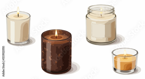 Set of four realistic scented candles in glass holders, in white, brown, and yellow wax tones, for home decor and aromatherapy